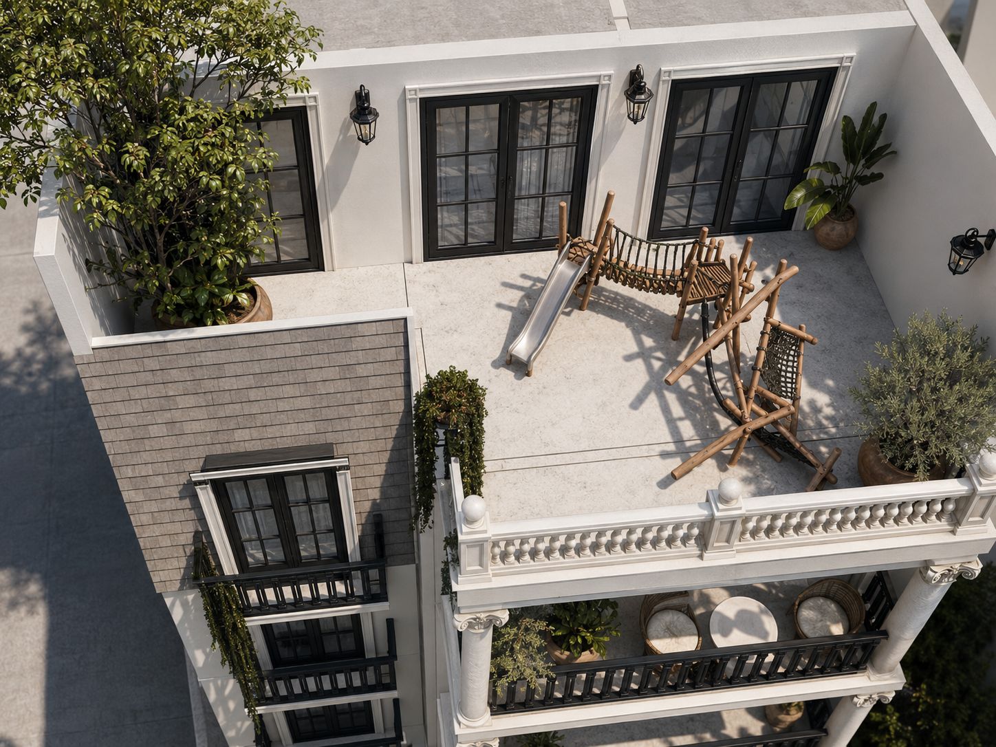 Terraza superior con juegos infantiles de madera