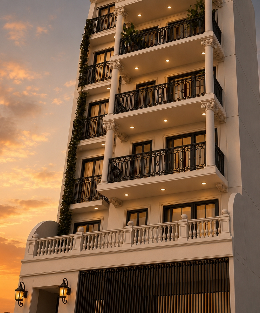 Fachada de ARCE 562 al atardecer con balcones de fierro forjado y columnas neoclásicas